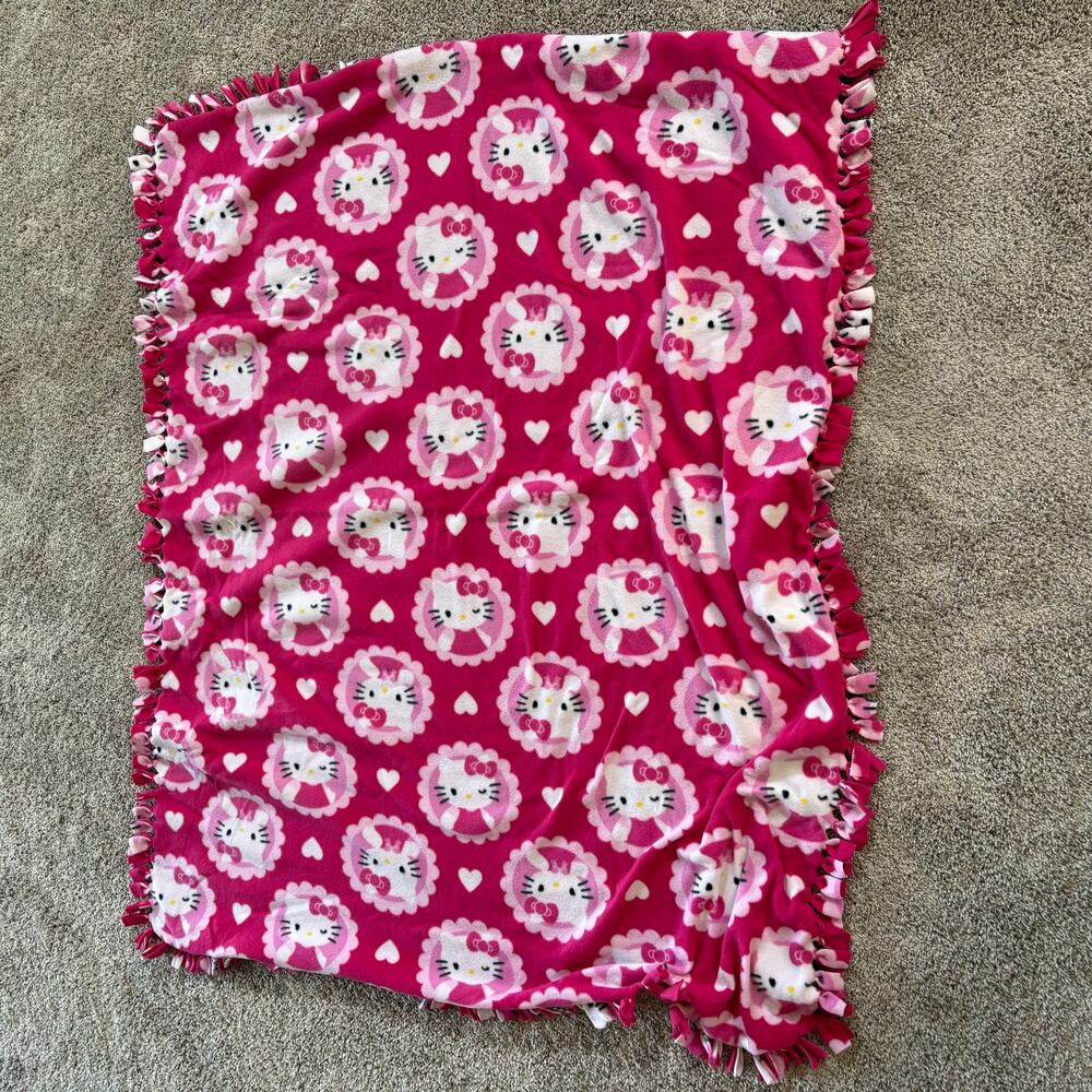 Hello Kitty Pink Fleece Tie Blanket Handmade Throw 50x64